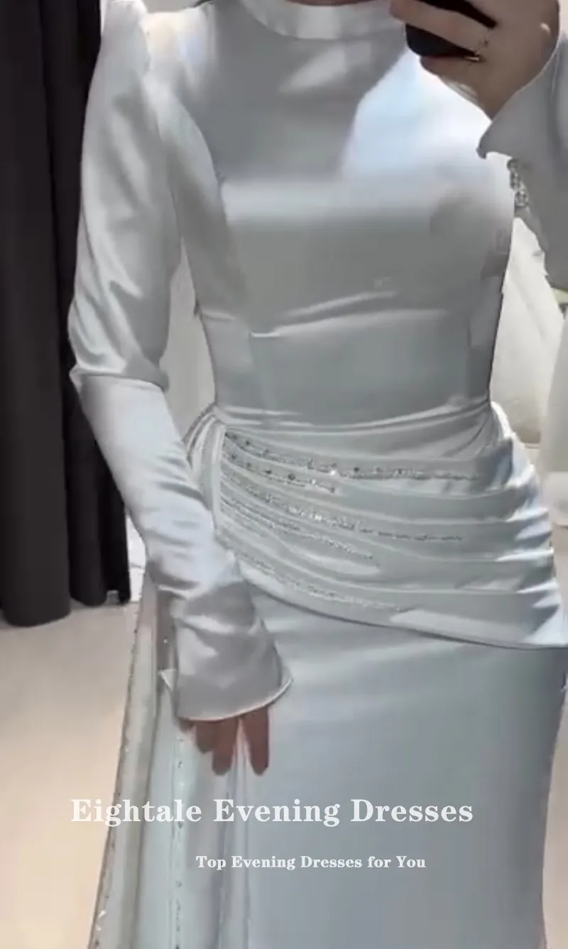Eightale Arabic Wedding Dress Customized High Neck Beaded Pleats Long Sleeves Mermaid Satin Muslim Bridal Gown Robe De Mariée