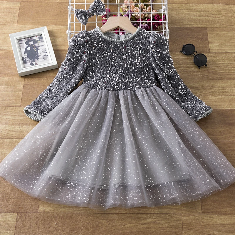 Sequin Autumn Girls Princess Party Dresses for 2-8 Yrs Long Sleeve Winter Xmas Children Casual Clothing Birthday Wedding Gown