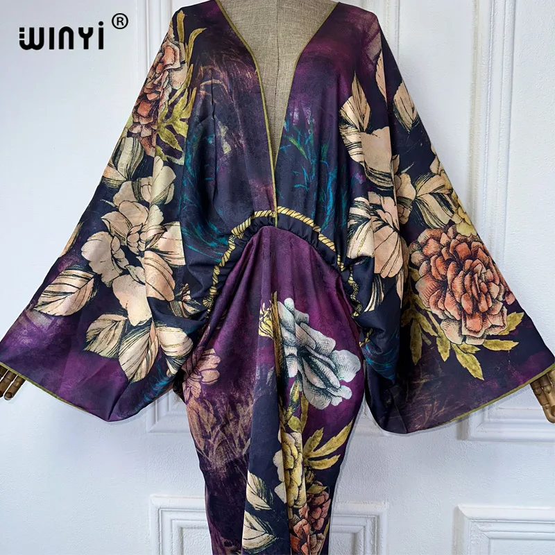 WINYI Bohemian Summer Beach Dress High Quality Double Sided Boho Printing Elegant silk maxi dress Women Evening party kaftan