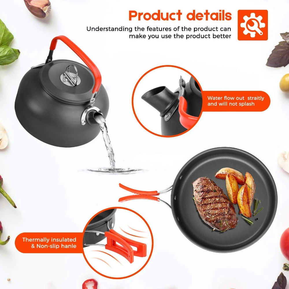 屋外用アルミ製ネスティング式調理器具セット、鍋、フライパン、 - Outdoor Camping Kettle のレビューと価格