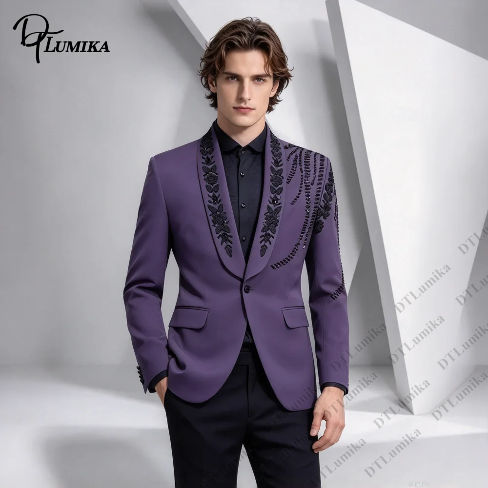 Embroidered Formal Suit for Men Shawl Lapel Men Tuxedo 2 Piece Tailored Dinner Outfit for Wedding Guest Prom, Stage Performance