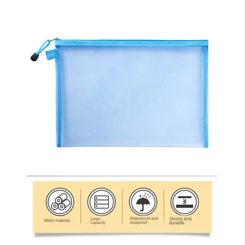AED7-5Pcs Mesh Zipper Pouch Clear Document Bag Book File Folders Stationery Pencil Case Storage Bags 5 Colors