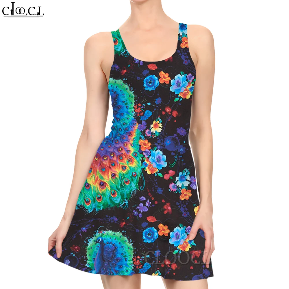 

CLOOCL Newest Women Mini Dress Vintage Peacock Feathers and Flowers 3D Printing for Summer Female Sleeveless Sexy Short Dresses