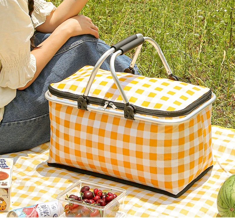 

Folding Picnic Basket Large Capacity Hand-held Aluminum Foil Thickened Fabric Car Mountedoutdoor Camping Insulation Bag