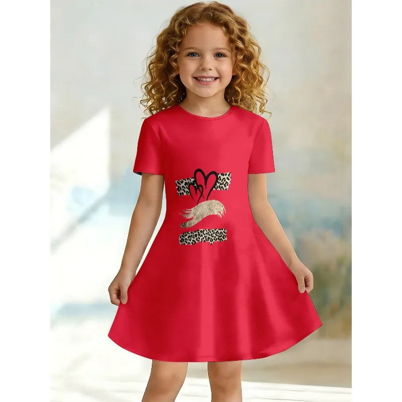 Sweet Cartoon A-line Dress for Girls, Short Sleeved Casual Summer A-line Dress Suitable for Birthday Parties and Gift Giving