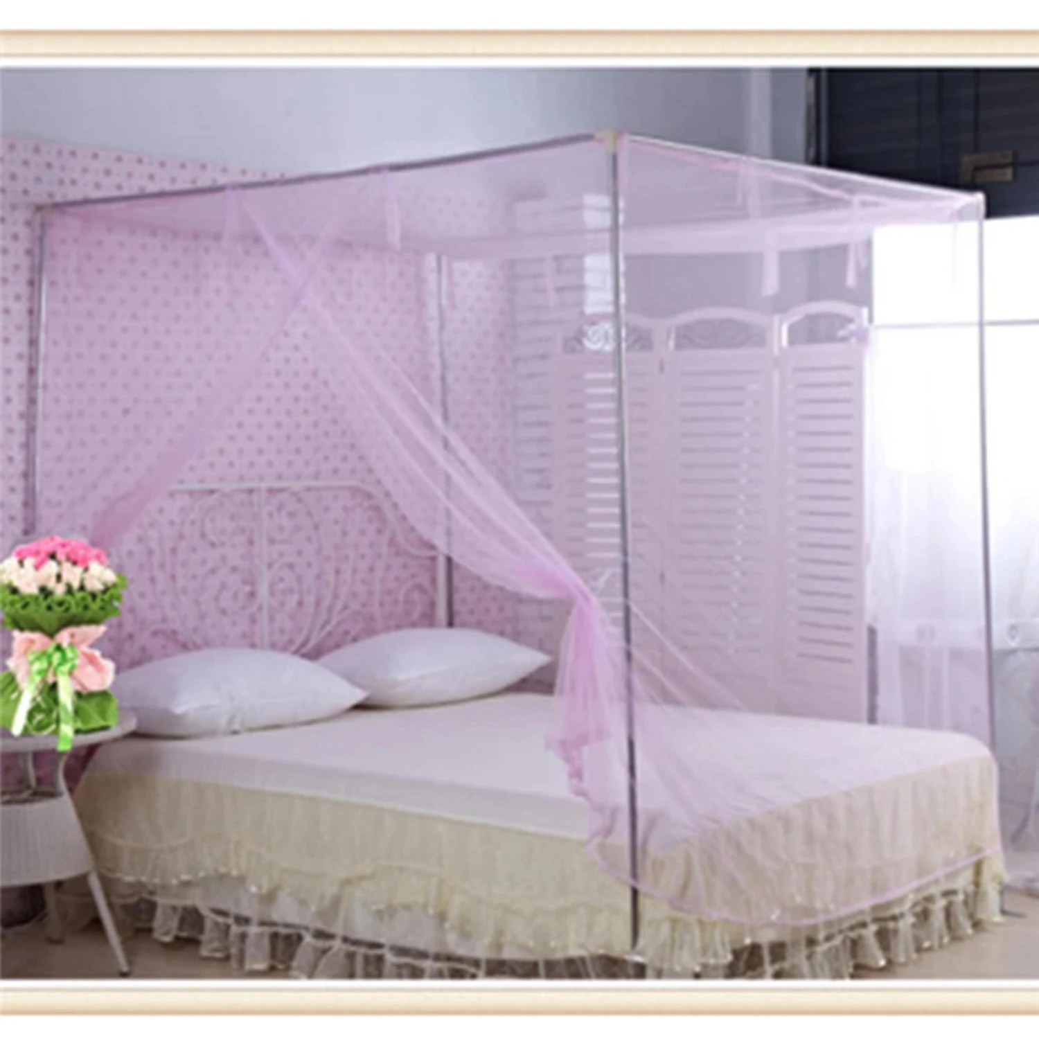 White, Pink, Blue, and Purple Elegant Deluxe Princess Lace Mosquito Insect Netting Full Size Double Bed Canopy - Luxurious Polye