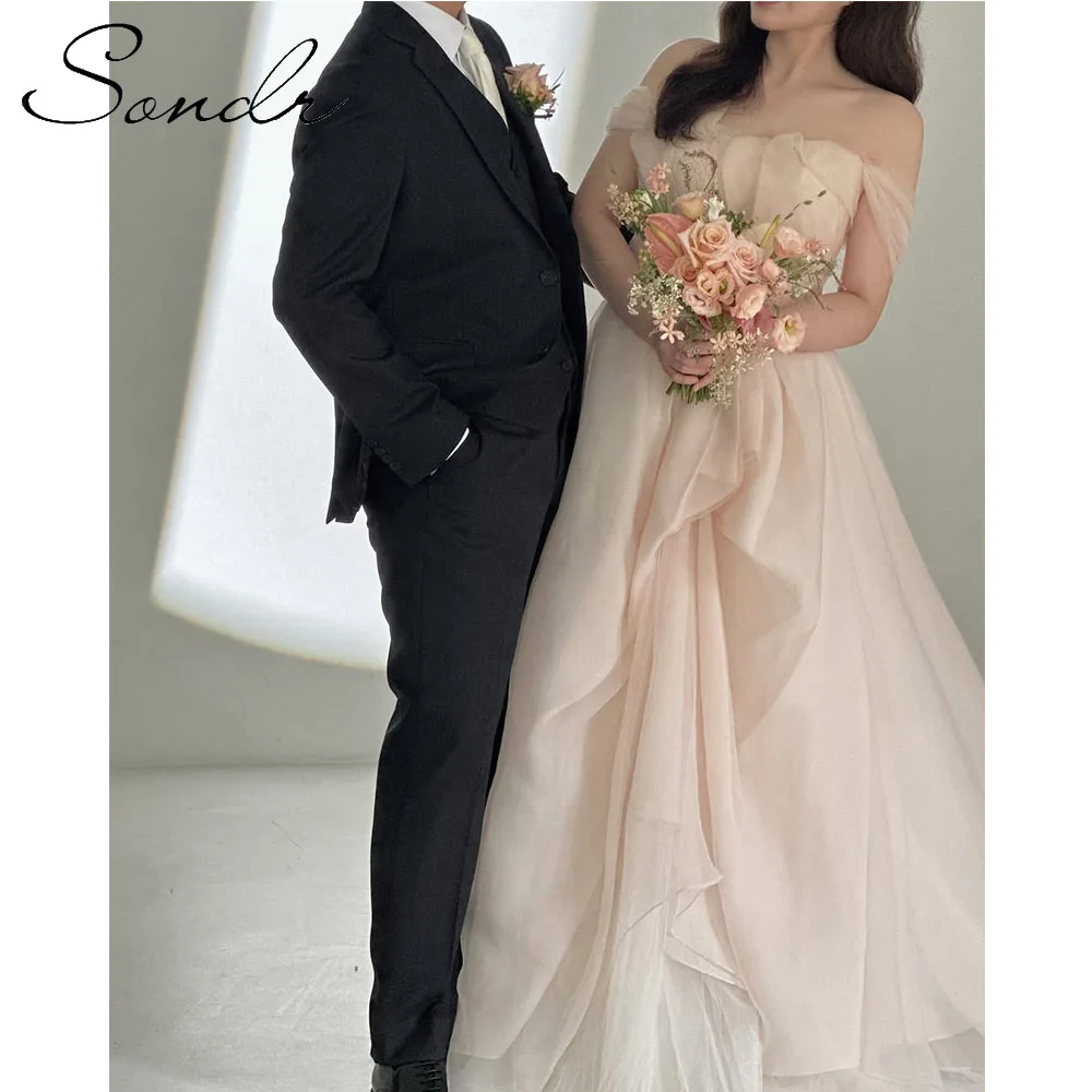 

Sondr Light Pink Korean Wedding Dresses Customized Off the Shoulder Silk Organza Wedding Snap Dresses Evening Dresses Party Gown
