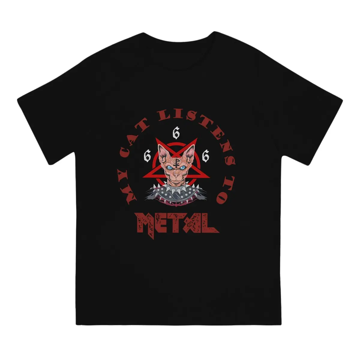 My Cat Listens to Heavy Metal 666 T Shirts for Men 100% Cotton Funny T-Shirts O Neck Satanic Baphomet Goat Tees Short Sleeve Top