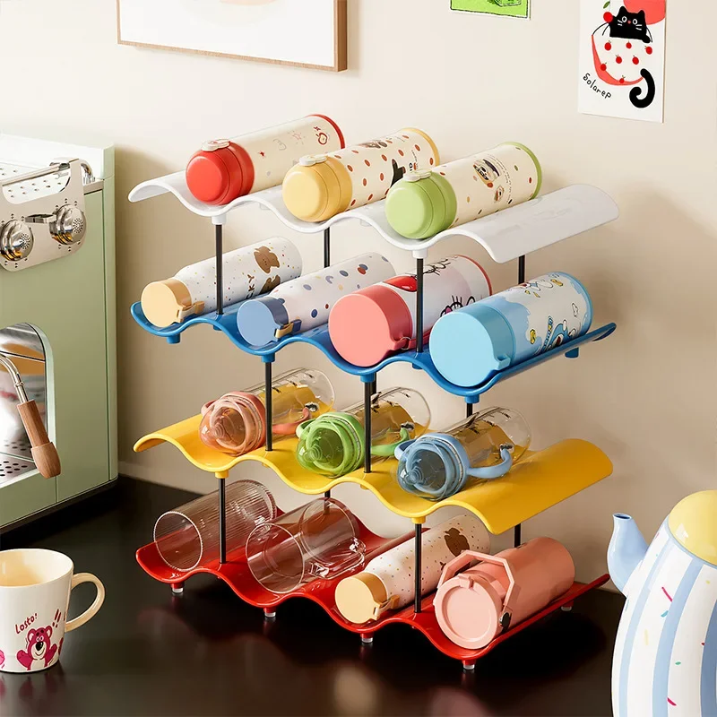 Plastic Standing Type Cup Storage Rack Space-saving Desktop Coffee Tea Mug Color Contrast Wave-shaped Multi-layer Organizer