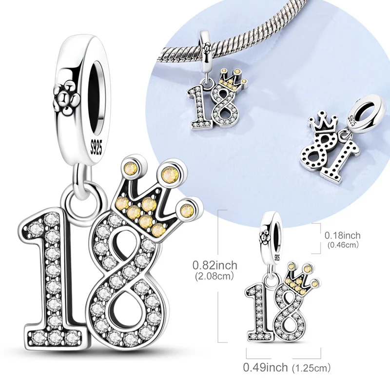 Original 925 prata esterlina charme grânulo 18th aniversário zircão coroa pingente caber pulseiras originais colar diy acessórios presente