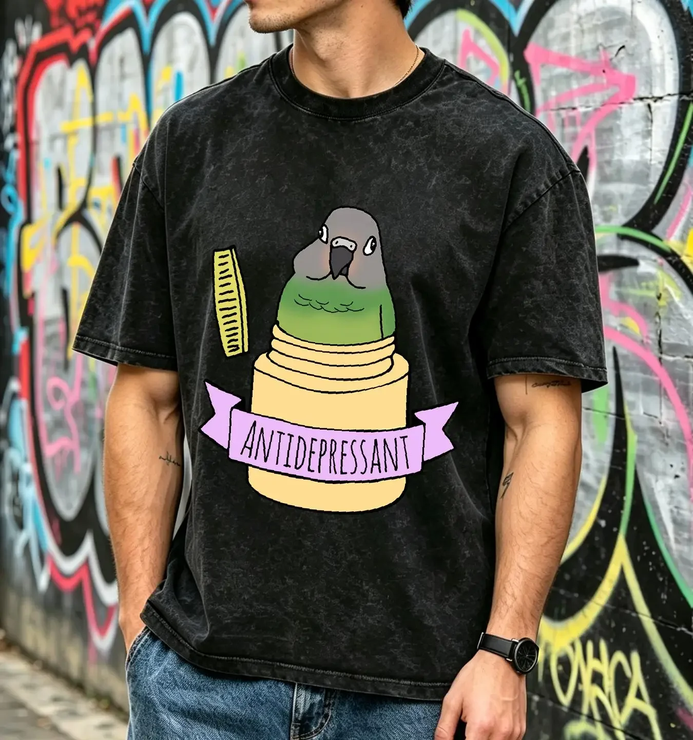 washed T Shirt Antidepressant Dusky headed Conure Funny parrot doodle Birb memes apparel Clothing long or short sleeves homme