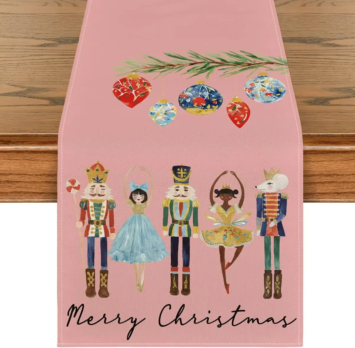 Merry Christmas Nutcrackers Balls Linen Table Runner Party Decor Reusable Winter Xmas Dining Table Runners Christmas Decorations