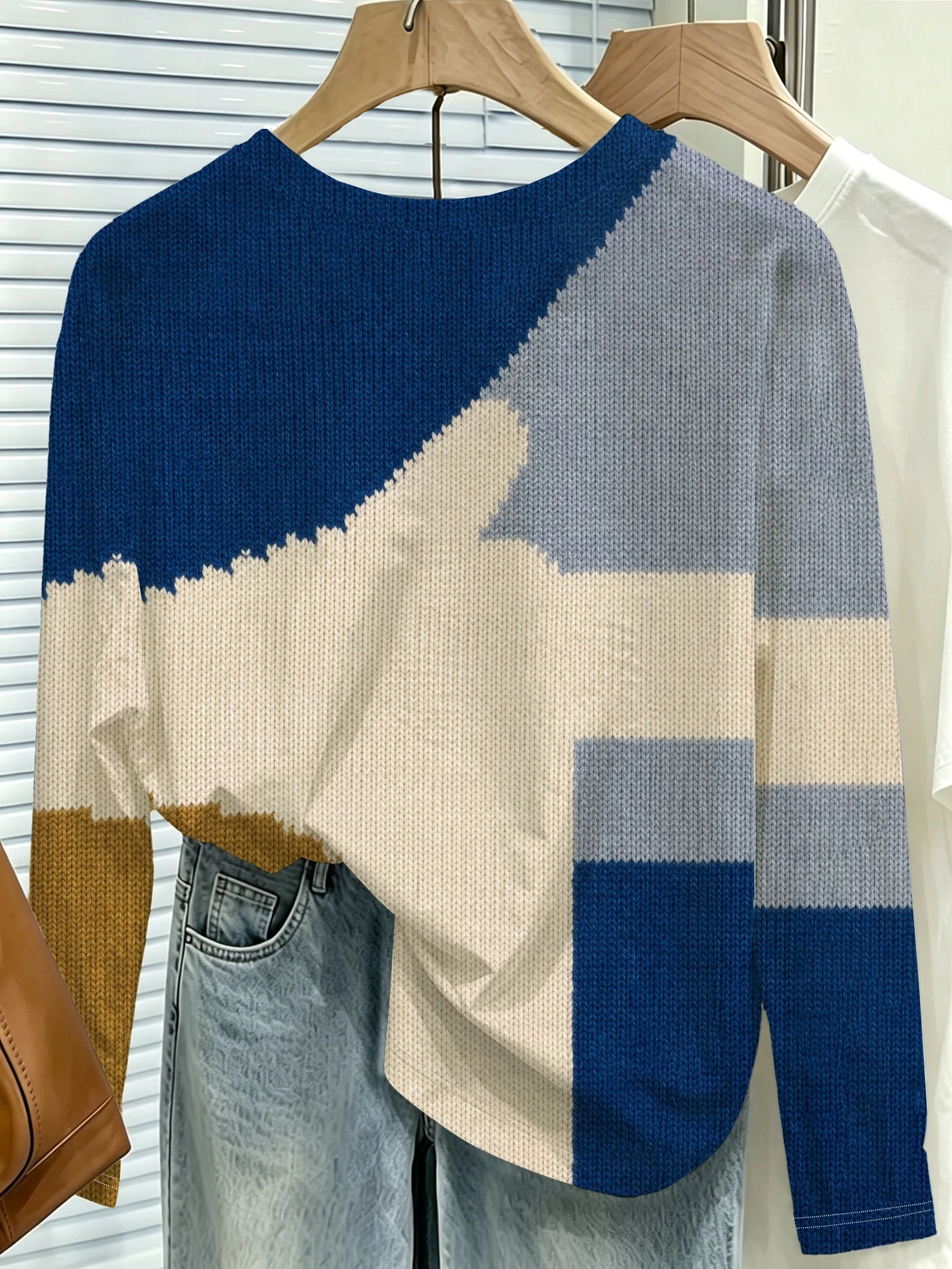 Women Long Sleeve Top Color Block Patch Print Round Neck Soft Casual Daily Weekend Slim Tops Women's Clothes