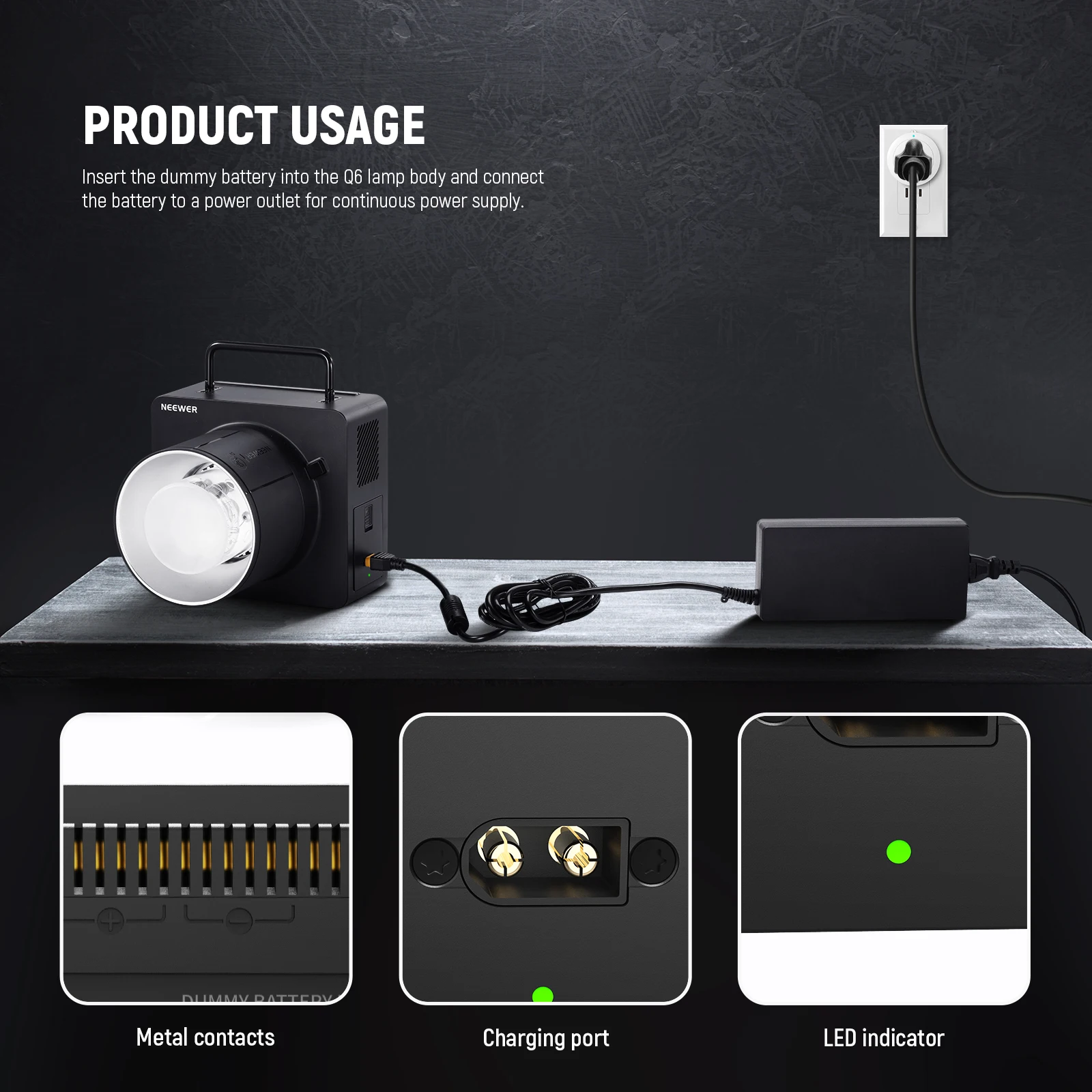 NEEWER Q6 더미 배터리 키트 (Q6 야외 플래시 스트로브 스피드라이트용) AC 전원 어댑터 케이블 포함 (NB-Q6 배터리 교체용)