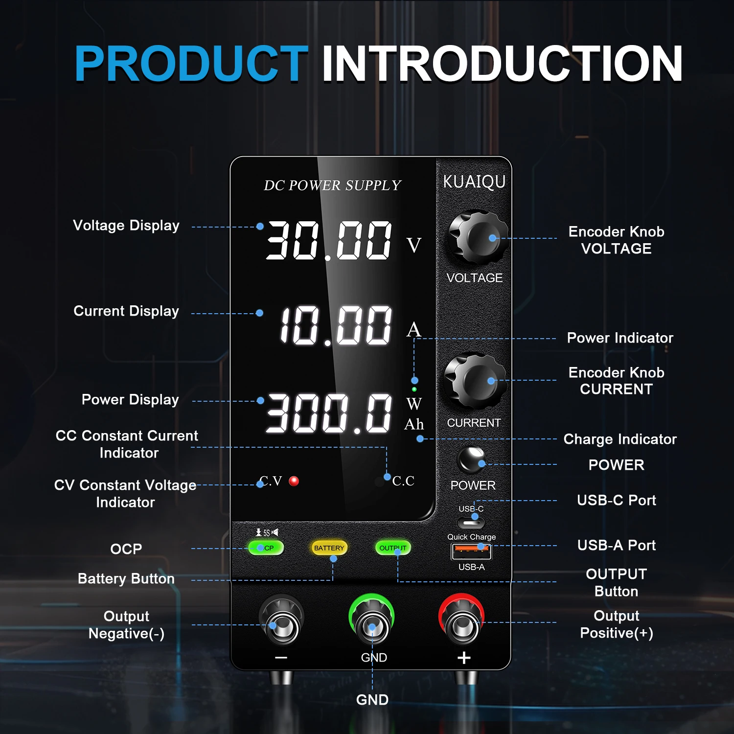 KUAIQU Battery Charging DC Power Supply with Output Switch/Prompt Sound/OCP Function/Protecting batteries Adjustable Lab Power