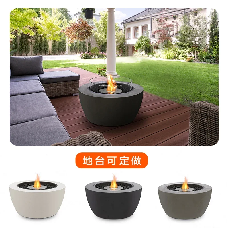 High end real fire fireplace heater with circular alcohol fireplace core decoration embedded in French villa home custom outdoor