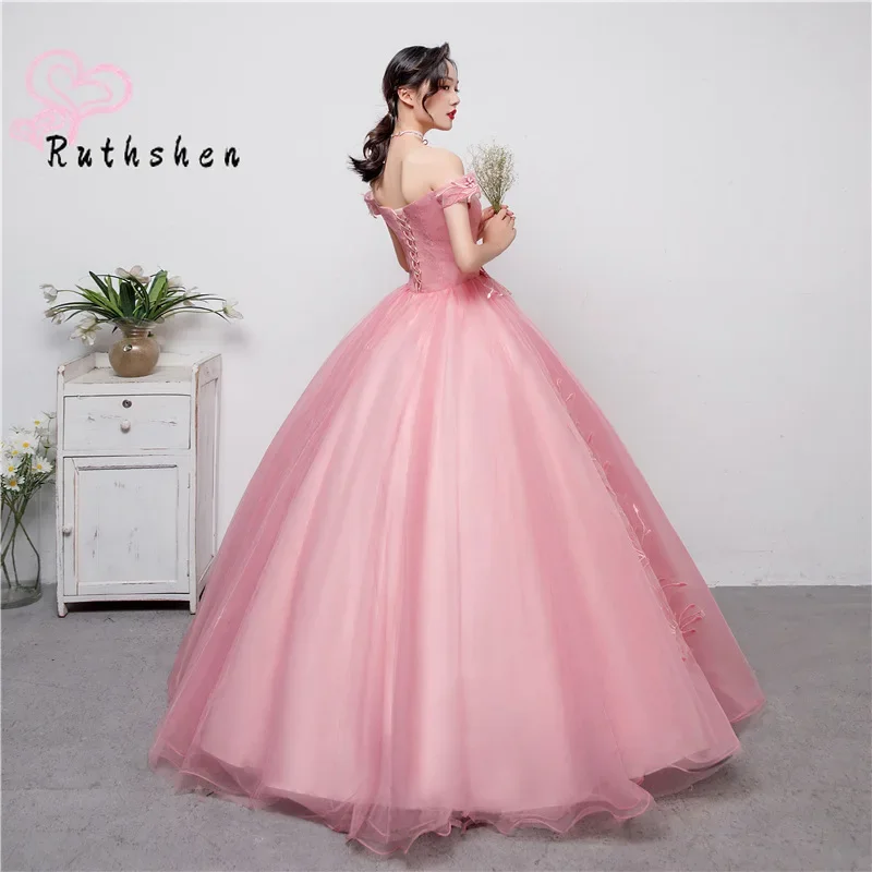 Maßgeschneiderte Ballkleid-Quinceanera-Kleider mit Applikation, schulterfrei, rosa, bauschiges Korsett, Debütantin, Vestido De 15, Sweet-16-Abschlussballkleid