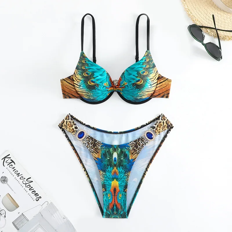 XS-XXL Sexy Peacock Leopard Print High Waist Push Up Bikini Set Two Pieces Swimsuit Beachwear Bathing Suit Swimwear Biquini