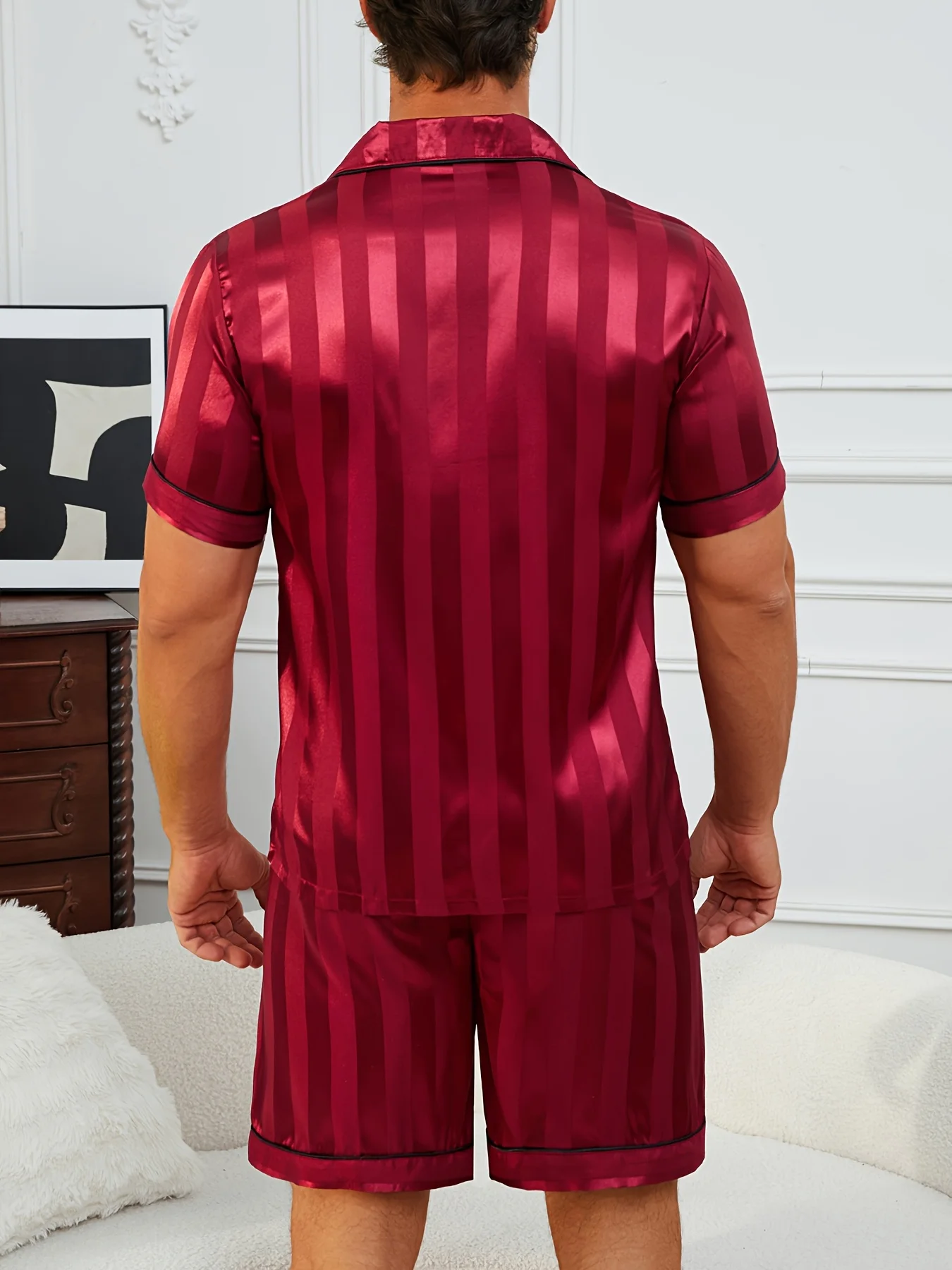 Men'S Sleepwear Set Featuring a Short-Sleeve Top And Shorts with Burgundy Striped Embroidery Button Up Pajamas Sets Nightwear