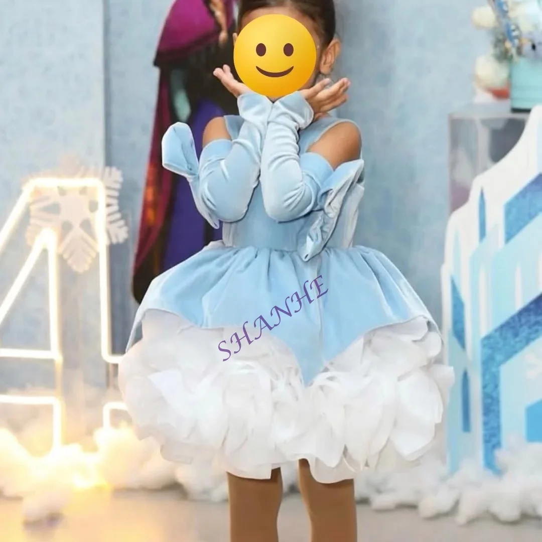 Customized Light Blue Flower Girl Dresses With Bows Knee length Kids Birthday Dresses Princess Party First Communion Gowns