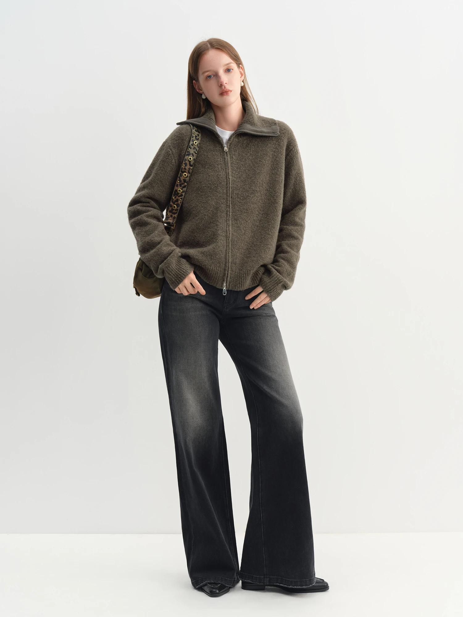 FSLE Winter 2025 Conjunto feminino de malha com fio de laço texturizado – cardigã e calças de mistura de lã para conforto aconchegante no inverno