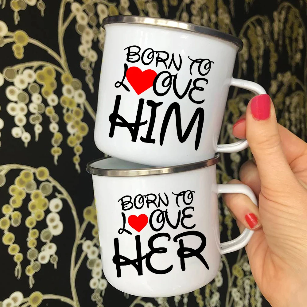 

Born To Love Him/her Print Lovers Breakfast Dessert Milk Mugs With Handle Enamel Cups Outdoor Travel Camping Coffee Water Mug