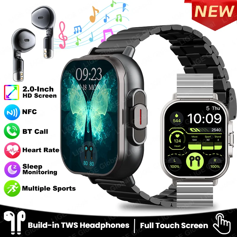 

LIGE 2025 Смарт-часы 2 в 1 с наушниками Smartwatch Bluetooth Вызов NFC Мужские часы Сердечный ритм Артериальное давление Воспроизведение Музыкальные часы