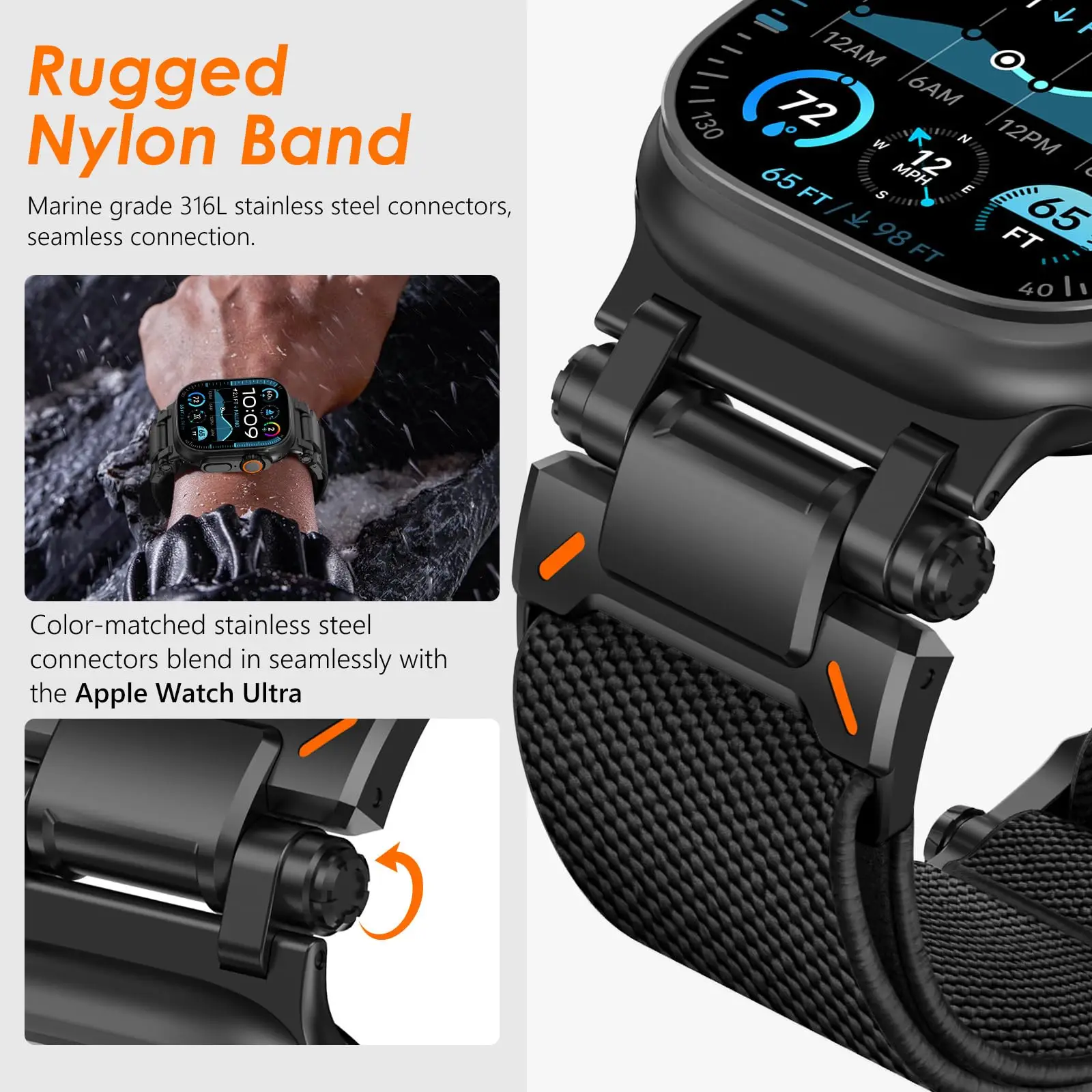 Sport Strap for Apple Watch Ultra 2 Band 49mm 46mm 45mm 44mm 42mm Compass Rugged Nylon Bracelet Correa Series 10 9 7 6 5 4 8 SE