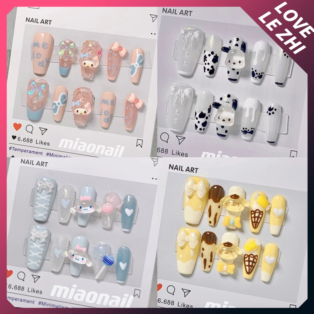 

Sanriod Long Coffin Cinnamoroll Mymelody Kuromi Pompom Press On Nail Art Kawaii Candy Sweet High Quality Handmade Fake Nails