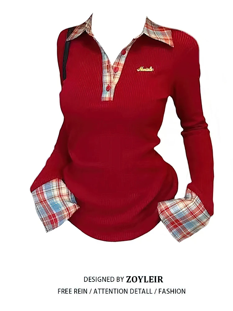 Preppy بولو الرقبة متماسكة منقوشة طويلة الأكمام تي شيرت المرأة كاذبة 2 قطعة الأساسية الأعلى الخامس الرقبة زر البلوزات تيز 2025 جديد