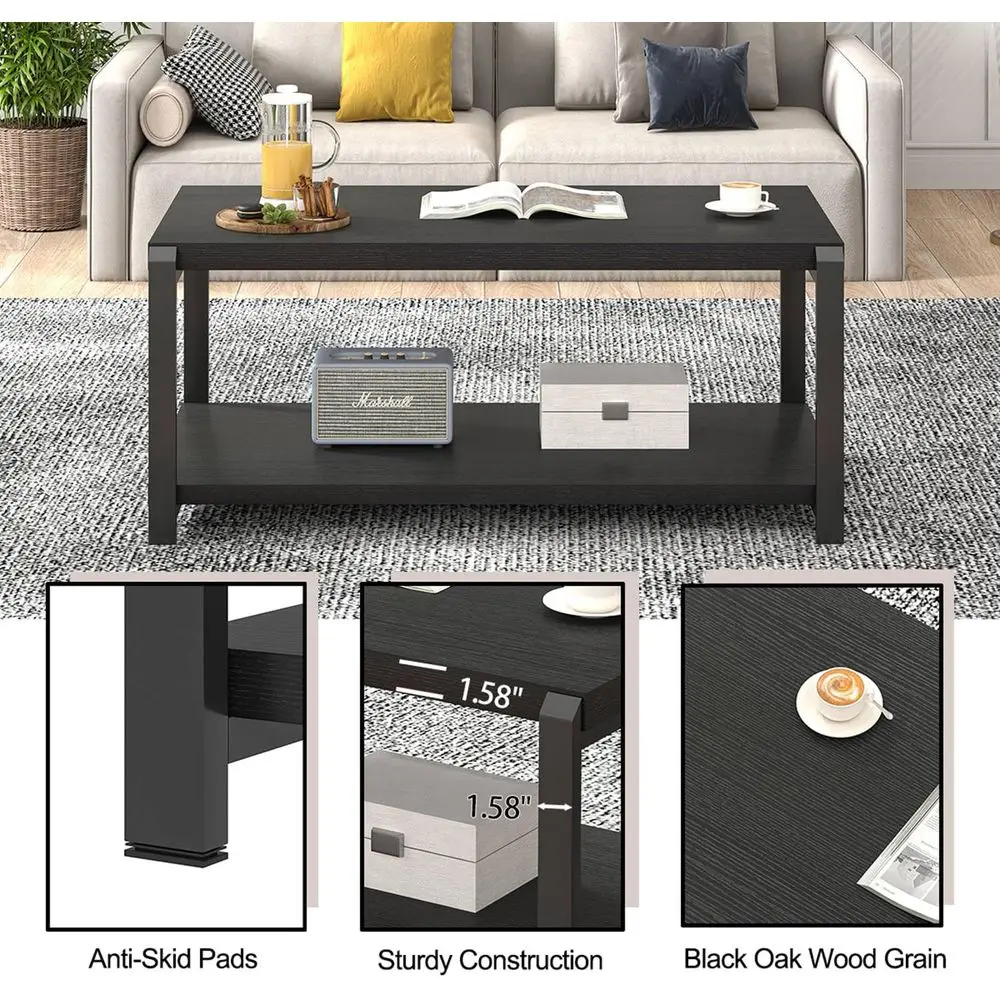 Mesa de centro moderna rústica com armazenamento, peça central retangular de estilo industrial para sala de estar