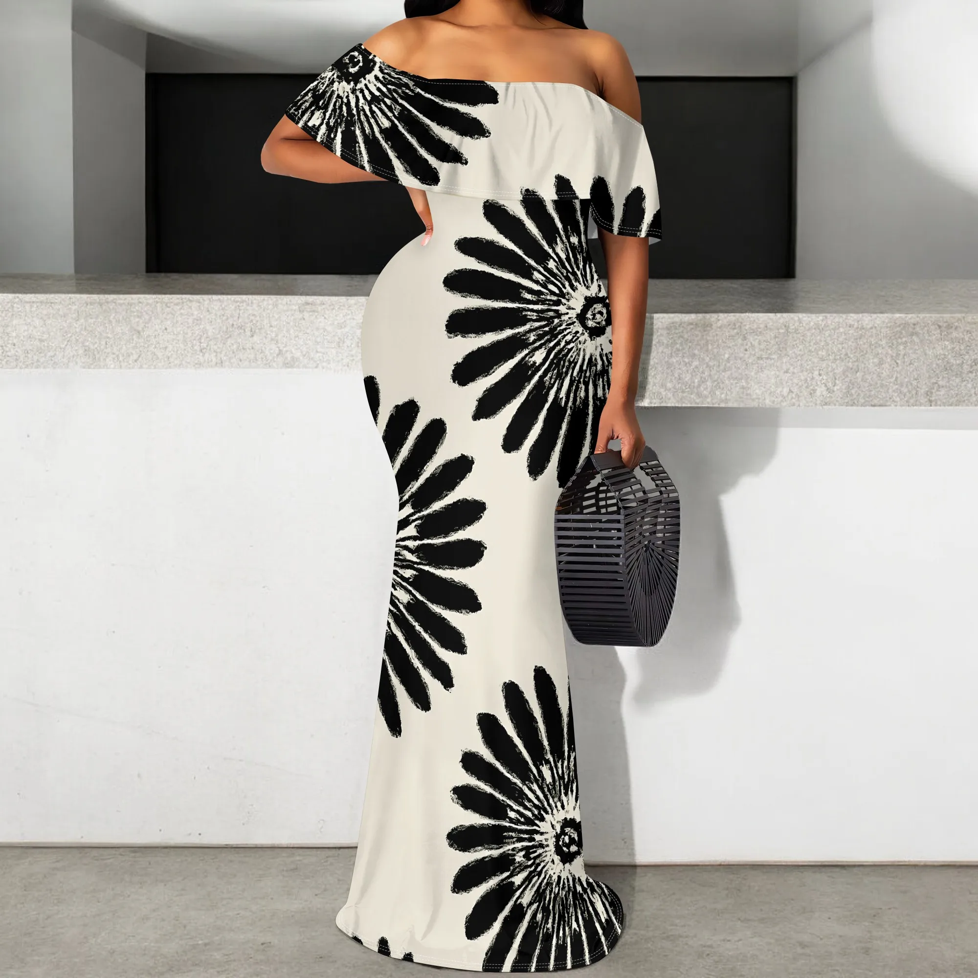 

Black White Sunflower Print Maxi Dress S-3XL Off Shoulder Ruffle Style for Garden Brunch, Art Show or Summer Event Look
