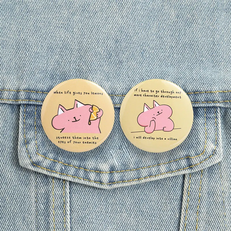 Cute Pink Cat Meme Button Badge Funny Sarcastic Quote Pins Cartoon Cat Round Brooches Decor Kawaii Animal Accessories