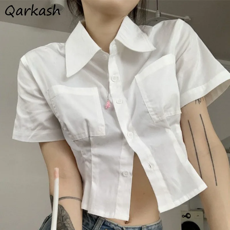 

White Shirts for Women Crop Tops Summer Basic Slim Fit Ulzzang Style Fashion Classic Students Short-sleeve Newly Chemise Femme