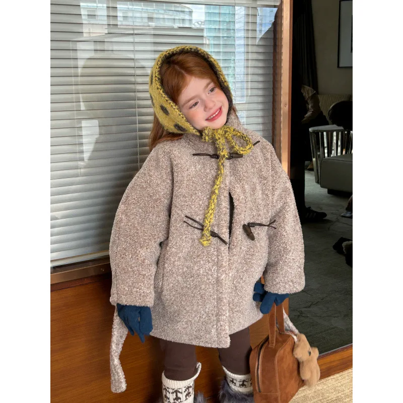 

Coat Lamb Wool Coat Stand-up Collar Horn Buttons Thicken Winter New Grils Children Autumn Warm Korean Loose Casual