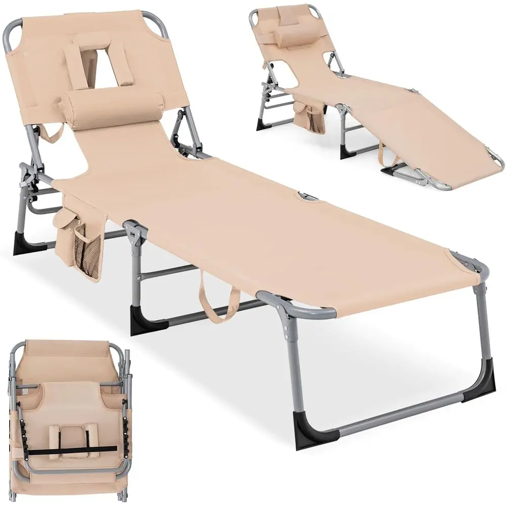 

Adjustable 4-Position Outdoor Beach Lounge Chair with Pillow and Side Pocket, Folding for Camping, Beige