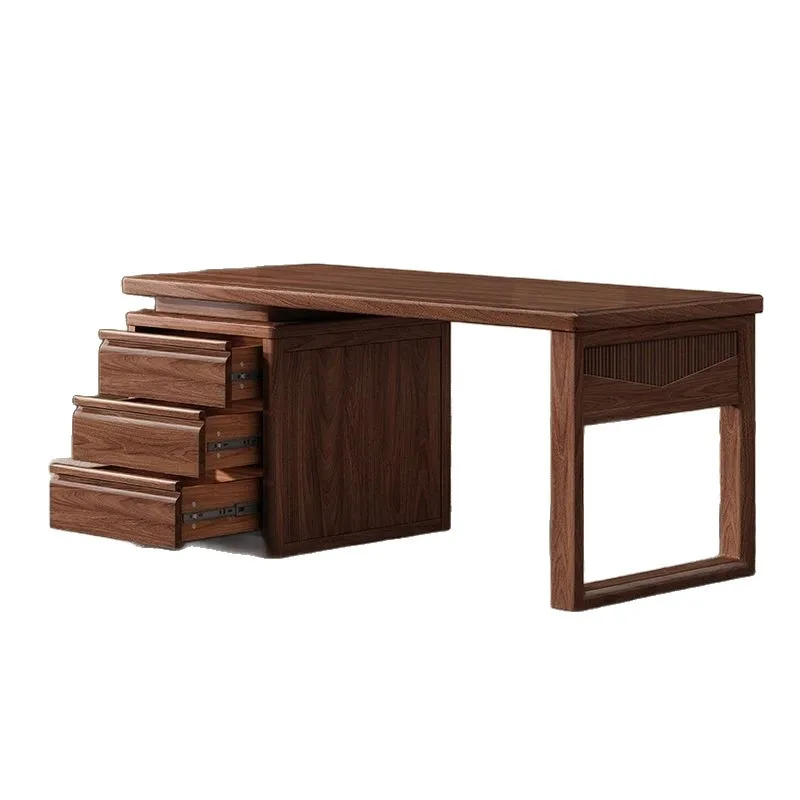 

Home office workbench with integrated storage cabinet Study table Computer table Black walnut solid wood Modern simple desk