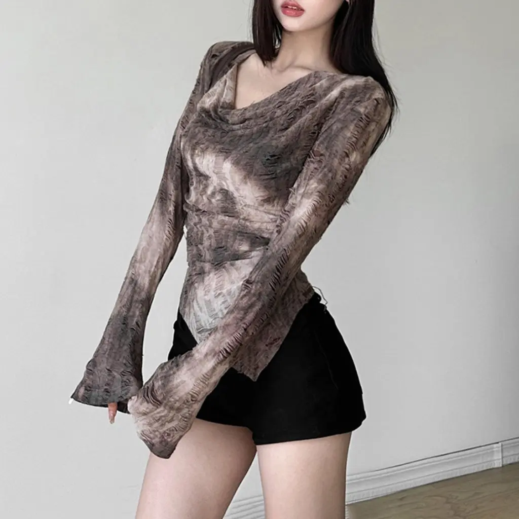 

Tie-Dye Long Sleeve Sexy Hottie Street Style Slimming Look European And American Inspired Women's T-Shirt