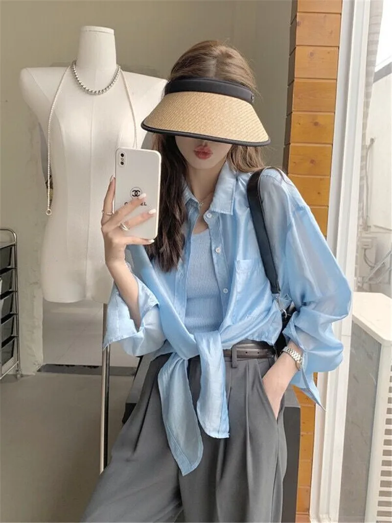 2024 Rayon Summer Design sense Long Sleeve Knotted Turn-down Collar Lightweight Sunscreen Shirts Chic Breathable Blouses Coats