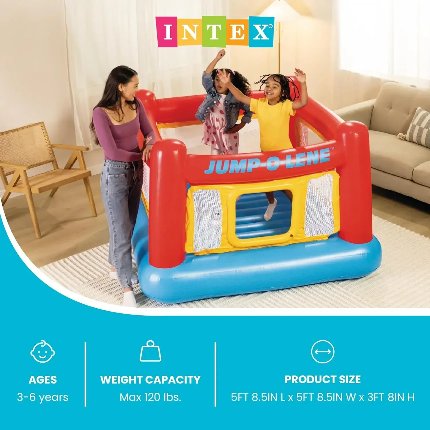 Intex Inflatable Jump-O-Lene Trampoline Bounce House with Crawl-Thru Door & Net - Indoor & Outdoor Backyard Blow-Up Bouncy Playh