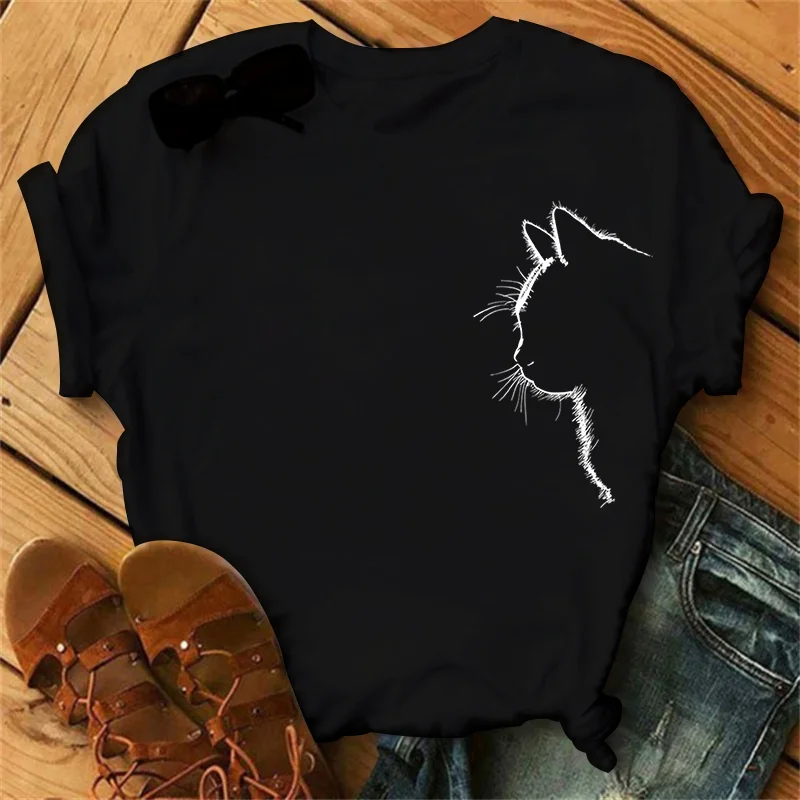 Women's T-shirt 100% cotton, short sleeve, fierce cat pattern round neck, casual style, women's summer women's T-shirt top