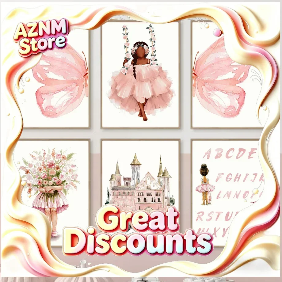 Watercolor Black Girl Flower Swing Unicorn Castle Wall Art Canvas Painting Posters And Prints Wall Pictures Baby Kids Room De