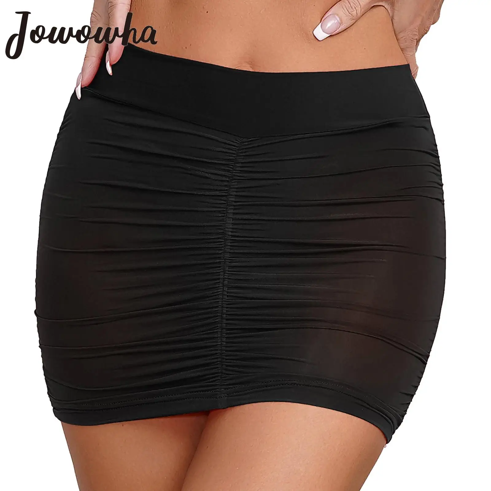 

Womens Sheer Mesh Ruched Bodycon Skirt Solid Color Elastic Hip Wrap Mini Skirts Lingerie Disco Rave Party Pole Dance Clubwear