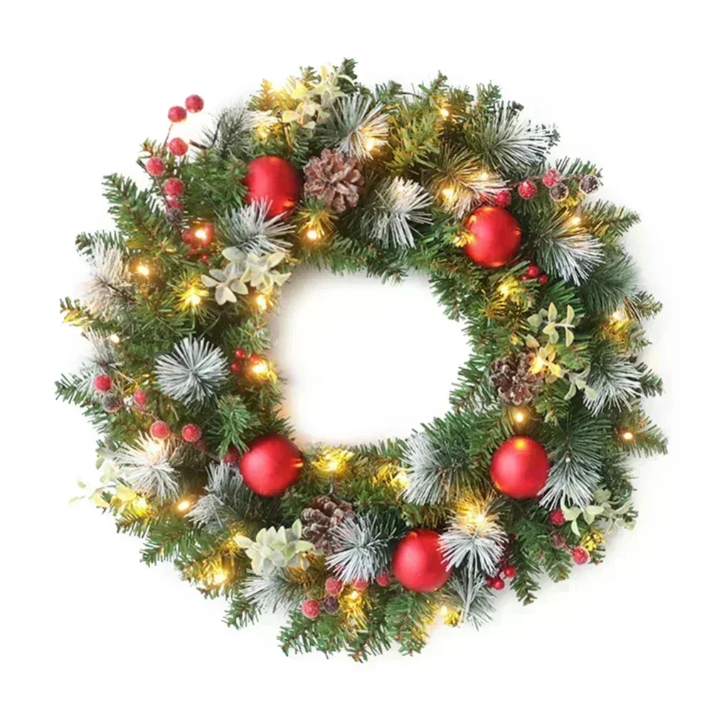 40cm Christmas Wreath For Front Door Artificial Led Pinecone Red Berry Garland Hanging Ornaments  Window Wall Decoration 2025