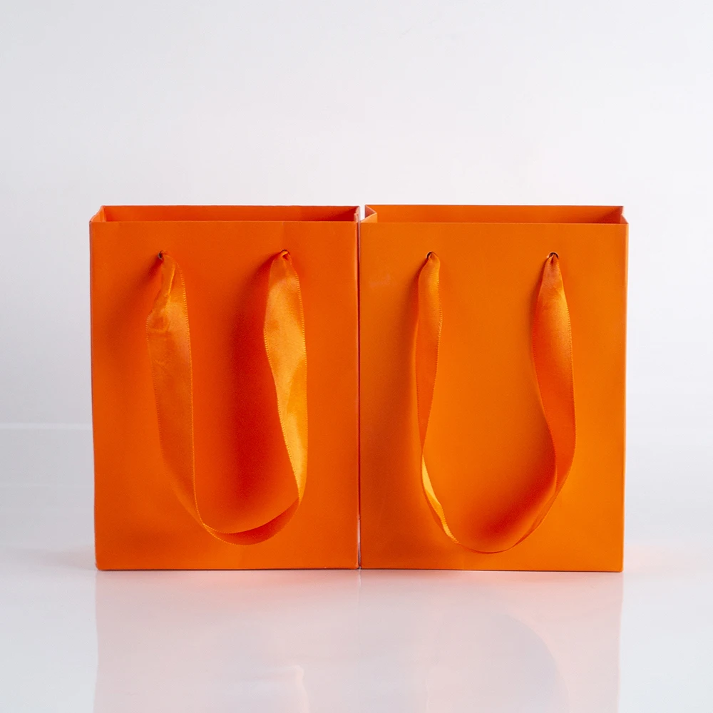 High Grade Shopping Bags Ribbon Handles Orange Kraft Paper Bag 12x5.7x16 For Christmas Wedding Clothes Shoes Gift Box Packaging