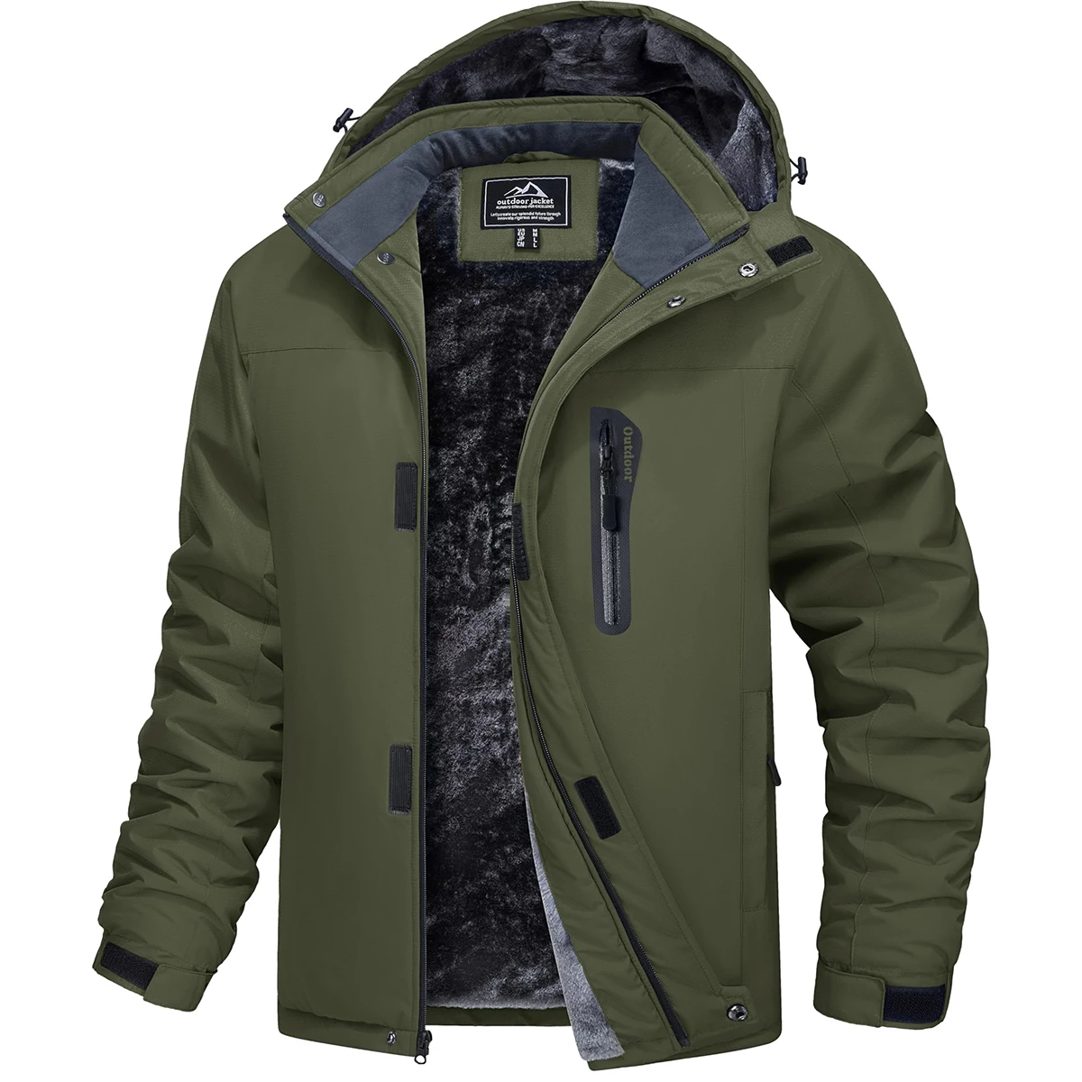 Herren-Winterjacke aus wasserdichtem Fleece, warm, winddicht, mit Kapuze, für Ski, Snowboard, Wandern, Outdoor, Parka-Mantel, mit mehreren Taschen – Detail 4