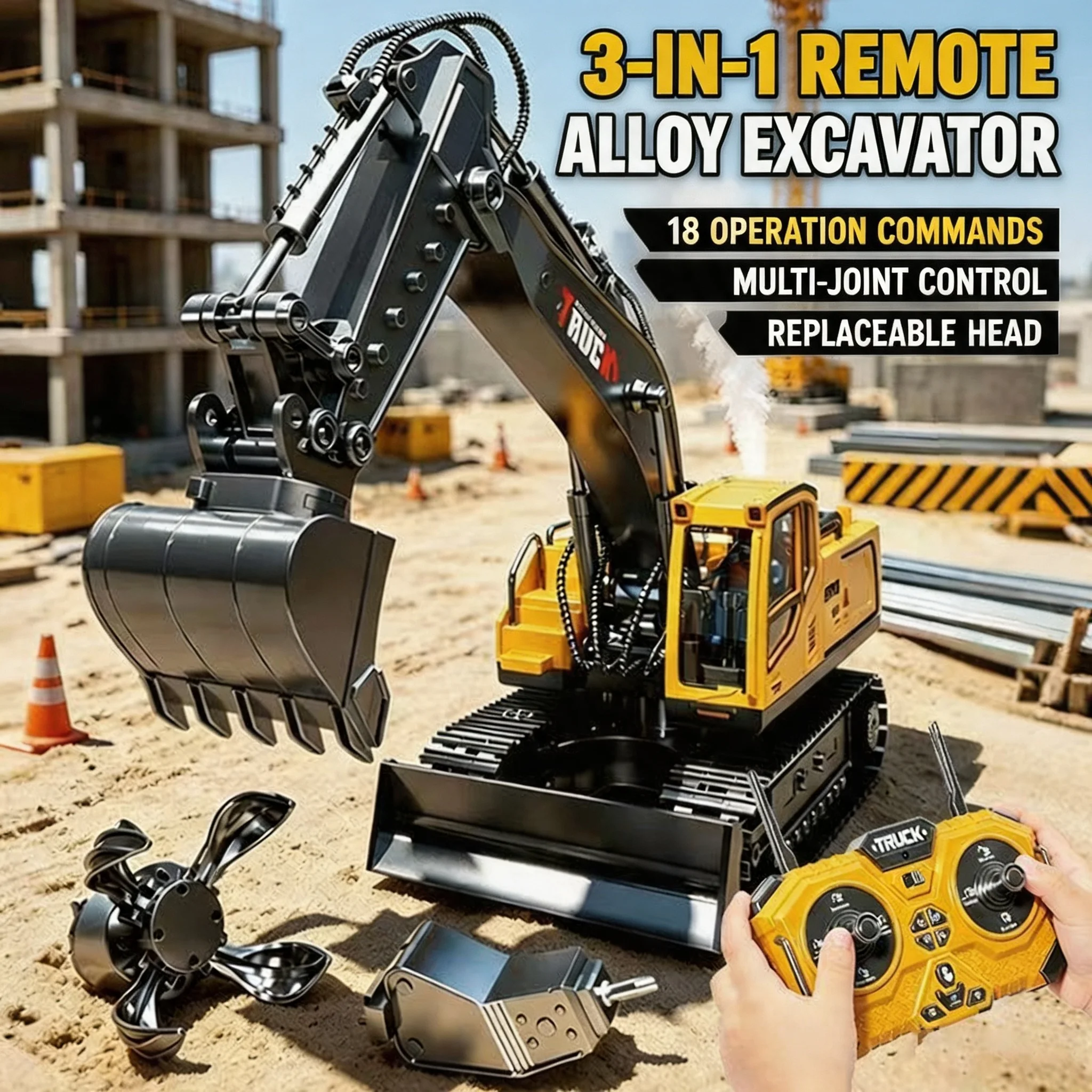 3-in-1 Alloy RC Excavator, Remote Control Digger with Swapable Drill Bit & Claw, Birthday Gift for Boys Kids