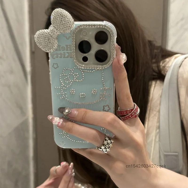 Sanrio Hello Kitty Luxury Full Diamond Apple Phone Case For IPhone 12 13 14 15 Pro Max Korean Version Anti Drop Protective Cover