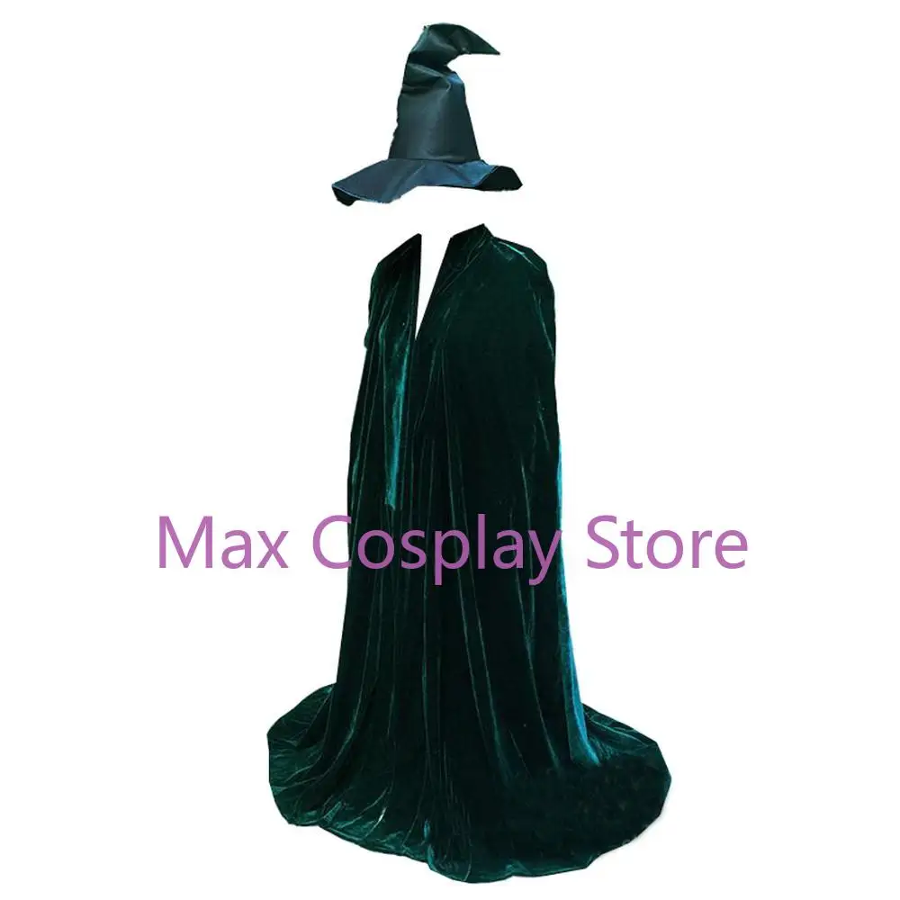 Max Cos Minerva McGonagall Dress Cosplay Costume Dark Green Cloak Trench Coat Outfits New With Hat