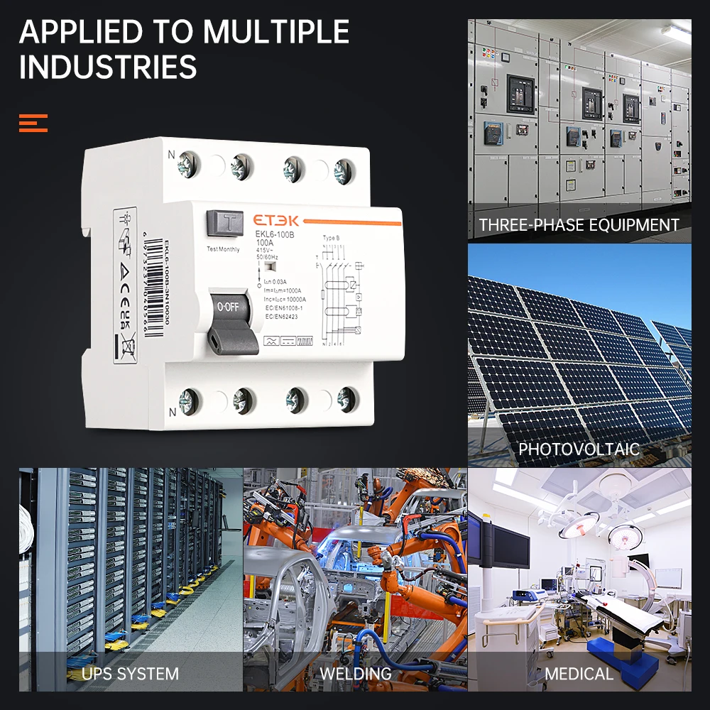 ETEK RCD RCCB Type B Earth Leakage Residual Current Circuit Breaker Evse 2P 4P 40a 63a 100a 30ma 300mA EKL6-100B Din Rail 220V